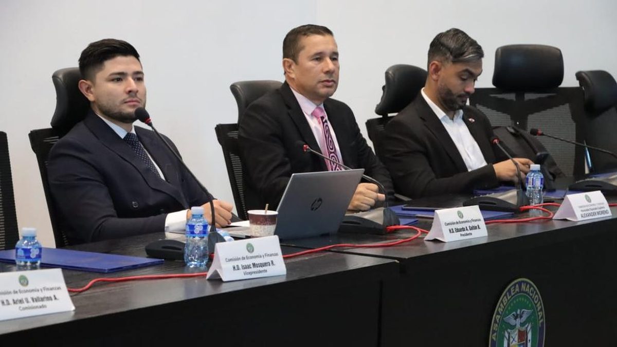 Members of Panama's National Assembly discussing a proposed economic substance bill during committee consultations
