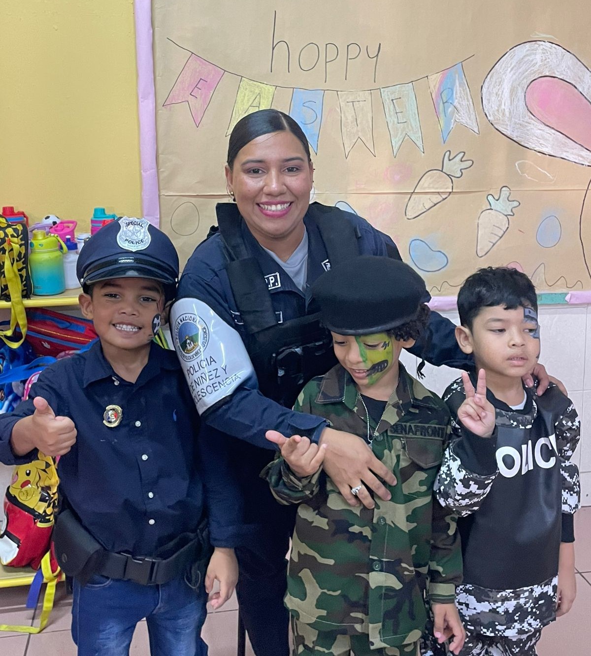 Panamanian schoolchildren dressed in police uniforms during a Labor Day tribute to officers