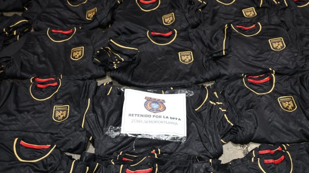 Stacks of confiscated counterfeit Panama national team jerseys seized by customs officials